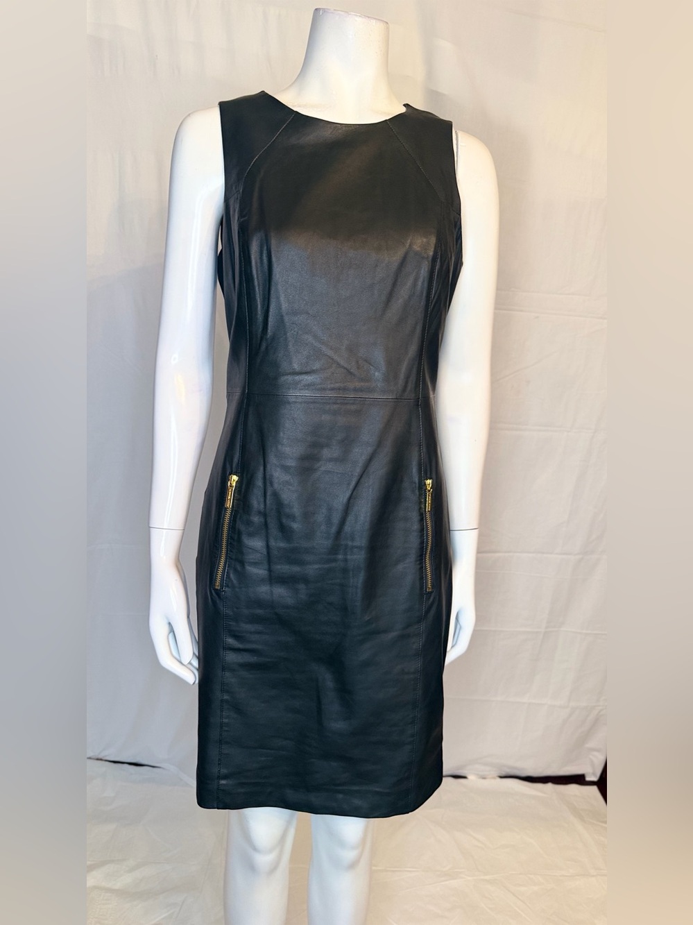 Michael Kors Black Leather Sheath Dress with Gold Zippers